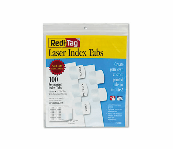 RTG33117 Laser Printable Index Tabs, 1 1/8 Inch, White, 100/Pack By REDI-TAG CORPORATION