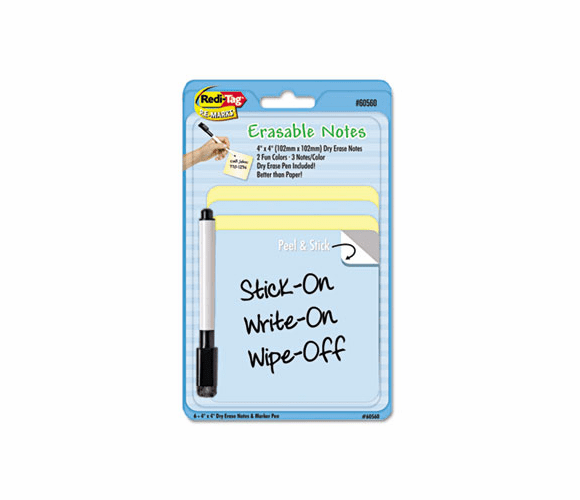 RTG60560 Self-Stick Notes with Dry Erase Pen, 4 x 4, Blue/Yellow, 6/Pack By REDI-TAG CORPORATION