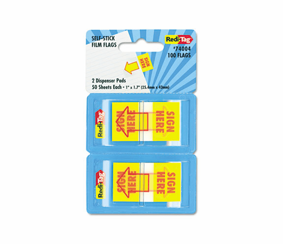 RTG74004 Sign Here Page Flags in Pop-Up Dispenser, 1w x 1 7/10h, Yellow/Red, 70/Pack By REDI-TAG CORPORATION