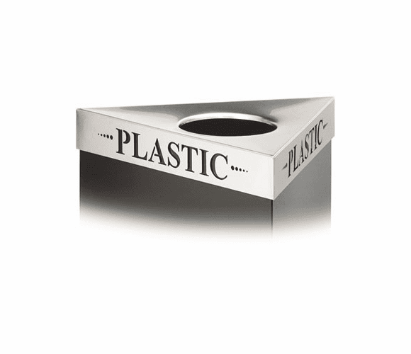 SAF9560PC Triangular Lid For Trifectat Receptacle, Laser Cut "PLASTIC" Inscription, STST By SAFCO PRODUCTS