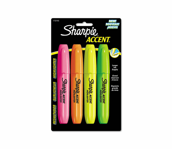 SAN1733165 Accent Jumbo Highlighters, Chisel Tip, Fluorescent Green/Orange/Pink/Yellow,4/Pk By SANFORD