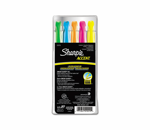 SAN27075 Accent Pocket Style Highlighter, Chisel Tip, Assorted Colors, 5/Set By SANFORD