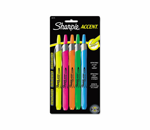 SAN28175PP Retractable Highlighters, Chisel Tip, Assorted Fluorescent Colors, 5/Set By SANFORD