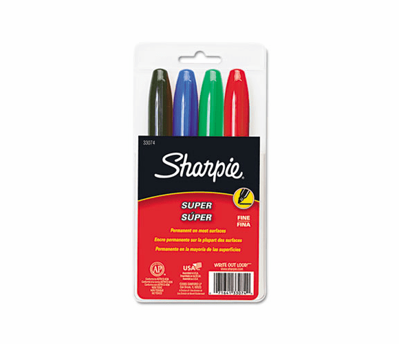 SAN33074 Super Permanent Markers, Fine Point, Assorted, 4/Set By SANFORD