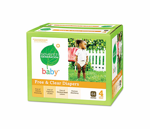 SEV44043 Free & Clear Diapers, Stage 4, 22-37 lbs., White, 64 per Box By SEVENTH GENERATION