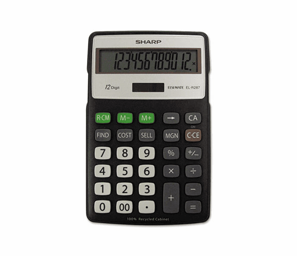 SHRELR287BBK EL-R287BBK Recycled Series Calculator w/Kick-stand, 12-Digit, LCD, Black By SHARP ELECTRONICS