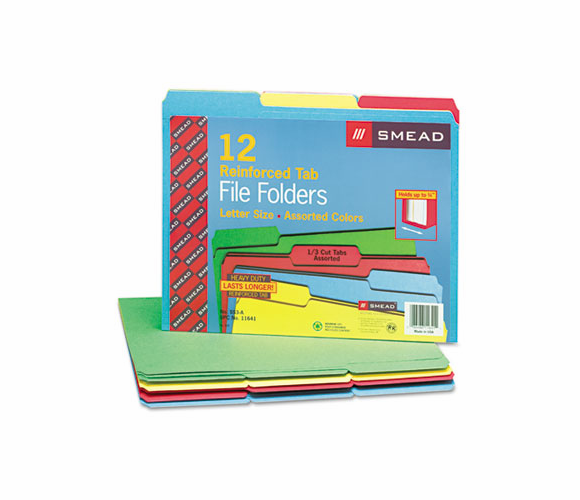 SMD11641 File Folders, 1/3 Cut, Reinforced Top Tabs, Letter, Assorted, 12/Pack By SMEAD MANUFACTURING CO.