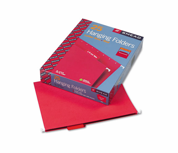 SMD64067 Hanging File Folders, 1/5 Tab, 11 Point Stock, Letter, Red, 25/Box By SMEAD MANUFACTURING CO.