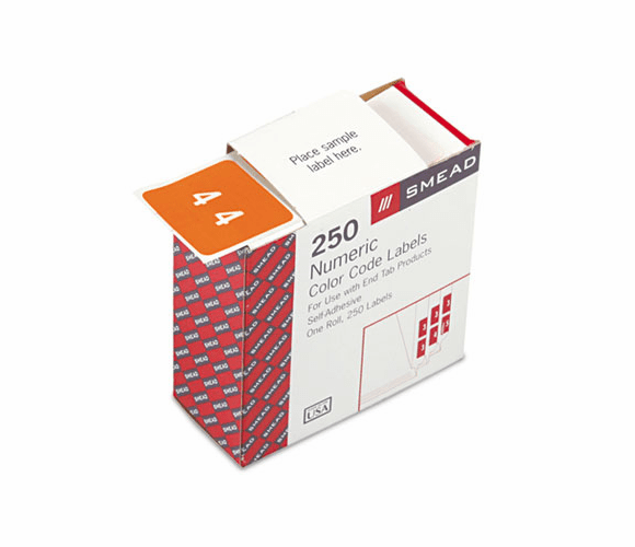 SMD67424 Single Digit End Tab Labels, Number 4, White-on-Orange, 250/Roll By SMEAD MANUFACTURING CO.