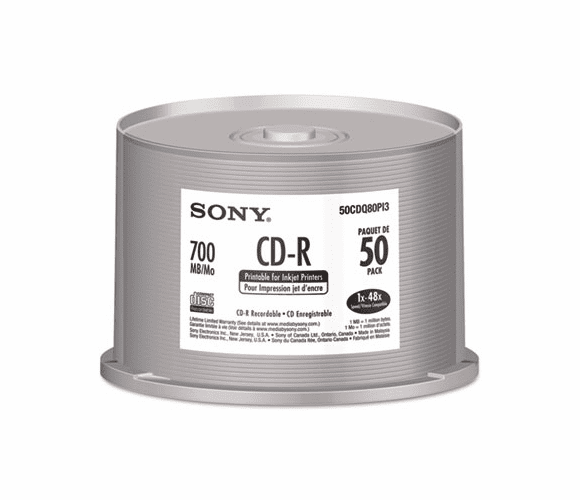 SON50CDQ80PI3 CD-R Discs, 700MB/80min, Inkjet, 48x, White, 50/Pack By SONY ELECTRONICS, INC.