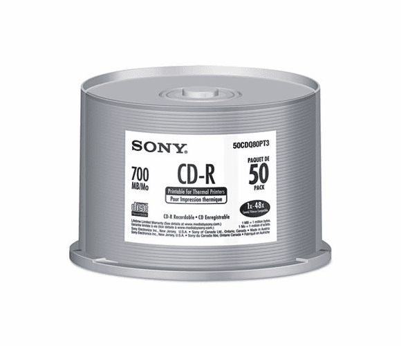 SON50CDQ80PT3 CD-R Discs, 700MB/80min, Thermal, 48x, White, 50/Pack By SONY ELECTRONICS, INC.