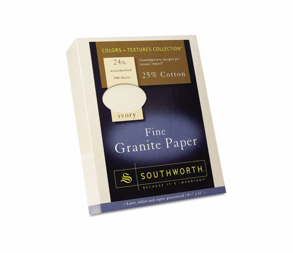 SOU934C Granite Specialty Paper, Ivory, 24 lbs., 8-1/2 x 11, 25% Cotton, 500/Box By SOUTHWORTH CO.