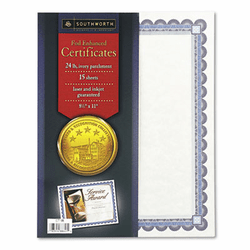 SOUCT1R Foil-Enhanced Parchment Certificates, Ivory w/Silver , 24 lb, 8.5 x 11, 15/Pk By SOUTHWORTH CO.