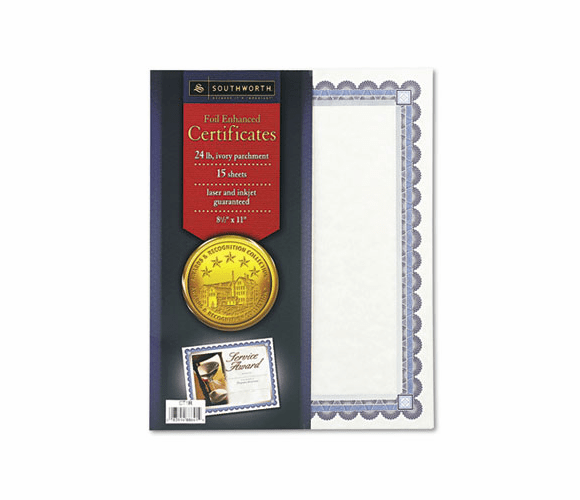 SOUCT1R Foil-Enhanced Parchment Certificates, Ivory w/Silver , 24 lb, 8.5 x 11, 15/Pk By SOUTHWORTH CO.