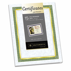 SOUCT2R Foil Enhanced Parchment Certificates, Blue w/Gold Border, 24 lb, 8.5 x 11, 15/Pk By SOUTHWORTH CO.