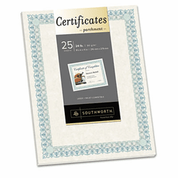 SOUCT3R Parchment Certificates, Ivory w/Grn-Blue Border, 24 lbs., 8-1/2 x 11, 25/Pack By SOUTHWORTH CO.