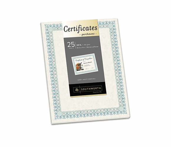 SOUCT3R Parchment Certificates, Ivory w/Grn-Blue Border, 24 lbs., 8-1/2 x 11, 25/Pack By SOUTHWORTH CO.