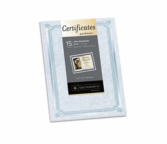 SOUCT6R Foil Enhanced Parchment Certificates, Blue w/Silv Border, 24 lb, 8.5 x 11, 15/Pk By SOUTHWORTH CO.