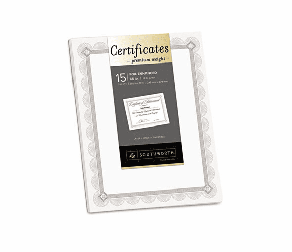 SOUCTP1W Premium Certificates, White, Fleur Silver Foil Border, 66 lb, 8.5 x 11, 15/Pack By SOUTHWORTH CO.