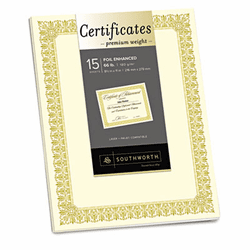 SOUCTP2V Premium Certificates, Ivory, Spiro Gold Foil Border, 66 lb,  8.5 x 11, 15/Pack By SOUTHWORTH CO.