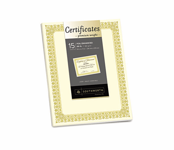 SOUCTP2V Premium Certificates, Ivory, Spiro Gold Foil Border, 66 lb,  8.5 x 11, 15/Pack By SOUTHWORTH CO.