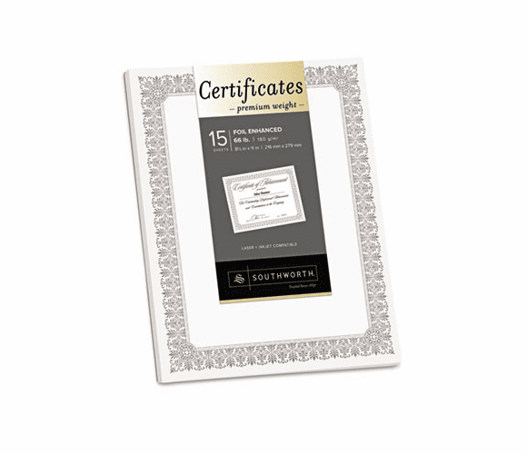 SOUCTP2W Premium Certificates, White, Spiro Silver Foil Border, 66 lb,  8,5 x 11, 15/Pack By SOUTHWORTH CO.