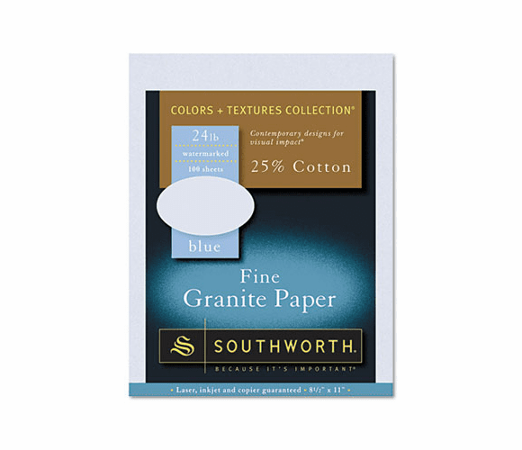 SOUP944CK Granite Specialty Paper, Blue, 24 lbs., 8-1/2 x 11, 25% Cotton, 100/Pack By SOUTHWORTH CO.