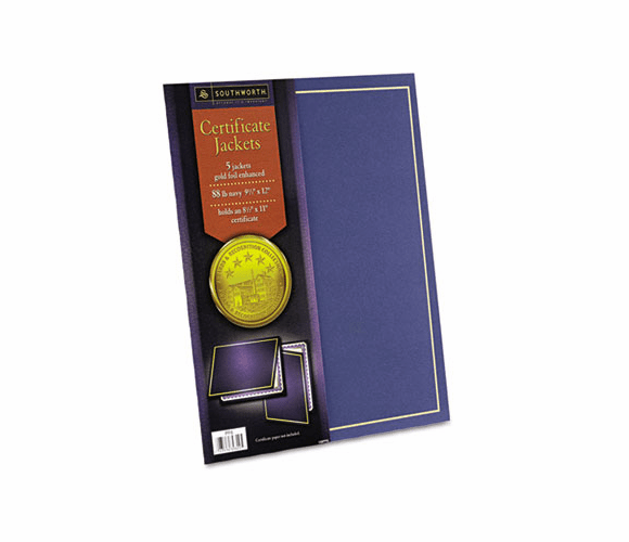 SOUPF6 Certificate Jacket, Navy w/Gold Border, 88 lbs., 9-1/2 x 12, 5/Pack By SOUTHWORTH CO.