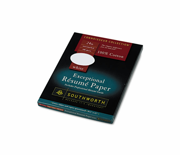 SOUR14CF 100% Cotton Resume Paper, White, 24 lbs., Wove, 8-1/2 x 11, 100/Box By SOUTHWORTH CO.
