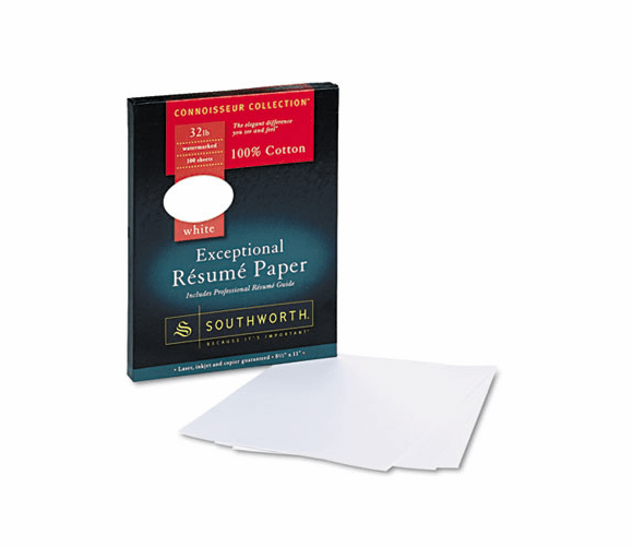 SOURD18CF 100% Cotton Resume Paper, White, 32 lbs., 8-1/2 x 11, Wove, 100/Box By SOUTHWORTH CO.