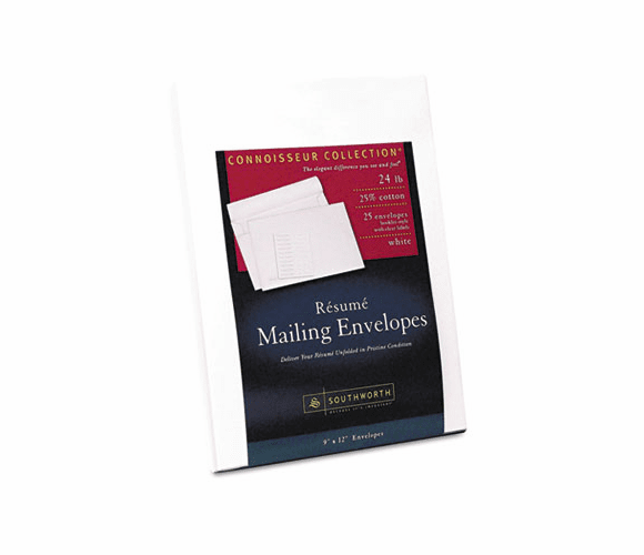 SOURF6Q 25% Cotton Resume Envelopes,White, 24 lbs.,  9 x 12, Wove, 25/Pack, By SOUTHWORTH CO.