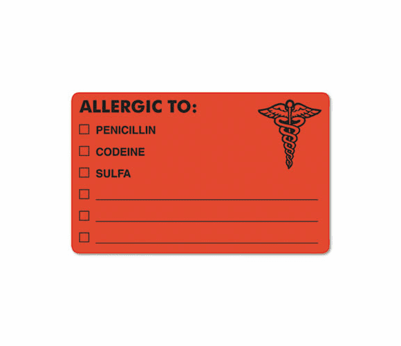 TAB00488 Drug Allergy Medical Warning Labels, 2-1/2 x 4, Orange, 100/Roll By TABBIES