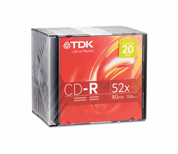 TDK47821 CD-R Discs, 700MB/80min, 52x, w/Slim Jewel Cases, Silver, 20/Pack By TDK ELECTRONICS