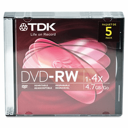 TDK48425 DVD-RW Discs, 4.7GB, 4x, w/Jewel Cases, Silver, 5/Pack By TDK ELECTRONICS