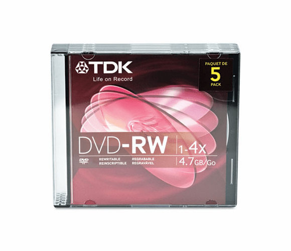 TDK48425 DVD-RW Discs, 4.7GB, 4x, w/Jewel Cases, Silver, 5/Pack By TDK ELECTRONICS