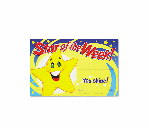 TEPT8107 Recognition Awards, Star of the Week!, 8-1/2w x 5-1/2h, 30/Pack By TREND ENTERPRISES, INC.