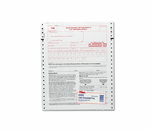 TOP2202 1096 IRS Approved Tax Forms, 8 x 11, 2-Part Carbon, 10 Contin Forms By TOPS BUSINESS FORMS