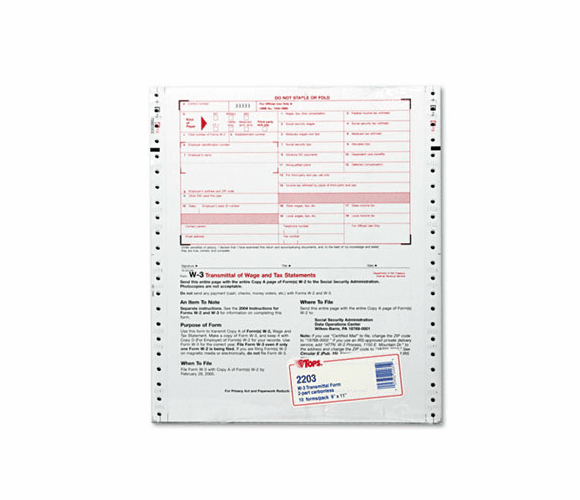 TOP2203 W-3 Tax Form, Lttr, 2-Part Carbonless, 10 Continuous Forms By TOPS BUSINESS FORMS