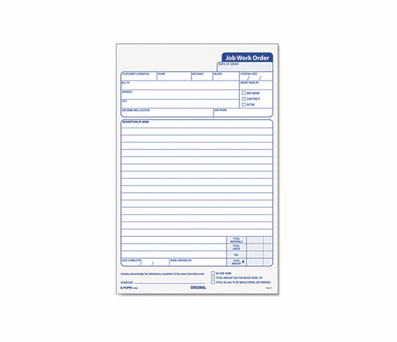 TOP3868 Snap-Off Job Work Order Form, 5 1/2 x 8 1/2, Three-Part Carbonless, 50 Forms By TOPS BUSINESS FORMS