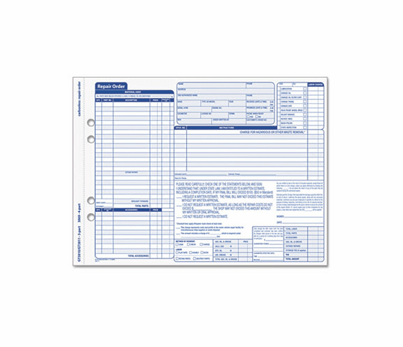 TOP3869 Auto Repair Four-Part Order Form, 8 1/2 x 11, Four-Part Carbonless, 50 Forms By TOPS BUSINESS FORMS