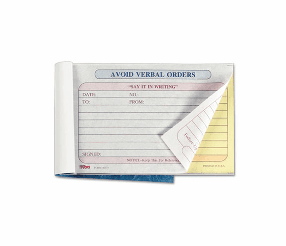 TOP46373 Avoid Verbal Orders Manifold Book, 6 1/4 x 4 1/4, Two-Part Carbonless, 50 Sets/Book By TOPS BUSINESS FORMS