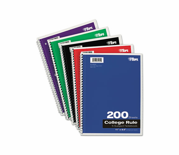 TOP65581 Wirebound 5-Subject Notebook, College Rule, 11 x 8 1/2, White, 200 Sheets/Pad By TOPS BUSINESS FORMS