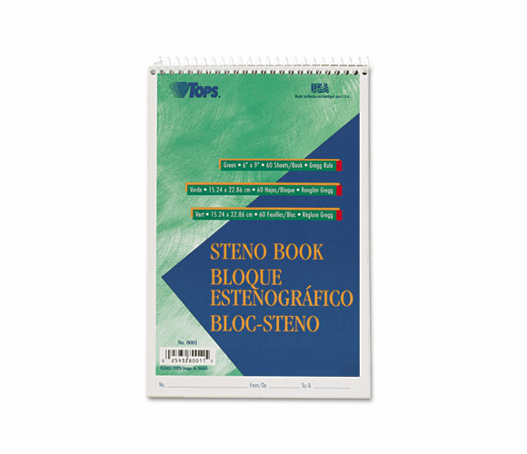 TOP8001 Gregg Steno Books, 6 x 9, Green Tint, 60-Sheet Pad By TOPS BUSINESS FORMS