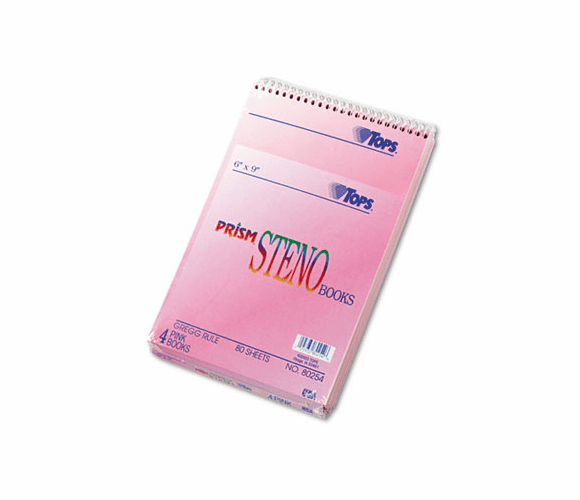 TOP80254 Spiral Steno Notebook, Gregg Rule, 6 x 9, Pink, 4 80-Sheet Pads/Pack By TOPS BUSINESS FORMS