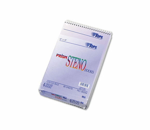 TOP80264 Spiral Steno Notebook, Gregg Rule, 6 x 9, Orchid, 4 80-Sheet Pads/Pack By TOPS BUSINESS FORMS