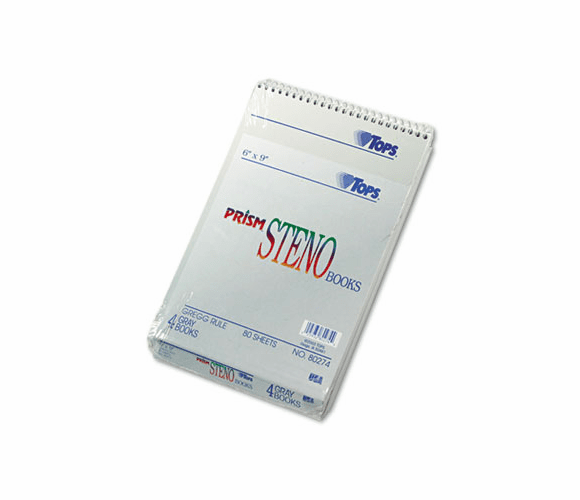 TOP80274 Spiral Steno Notebook, Gregg Rule, 6 x 9, Gray, 4 80-Sheet Pads/Pack By TOPS BUSINESS FORMS