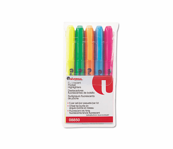UNV08850 Pocket Highlighter, Chisel Tip, Fluorescent Colors, 5/Set By UNIVERSAL OFFICE PRODUCTS