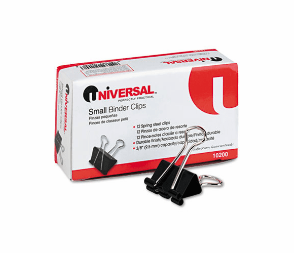 UNV10200 Small Binder Clips, Steel Wire, 3/8" Capacity, 3/4" Wide, Black/Silver, Dozen By UNIVERSAL OFFICE PRODUCTS