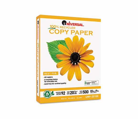 UNV20100 100% Recycled Copy Paper, 92 Brightness, 20lb, 8-1/2 x 11, White, 5000 Shts/Ctn By UNIVERSAL OFFICE PRODUCTS