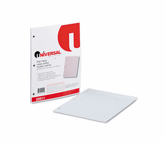 UNV20911 Mediumweight 16-lb. Filler Paper, 11 x 8-1/2, College Ruled, White, 100 Shts/Pk By UNIVERSAL OFFICE PRODUCTS